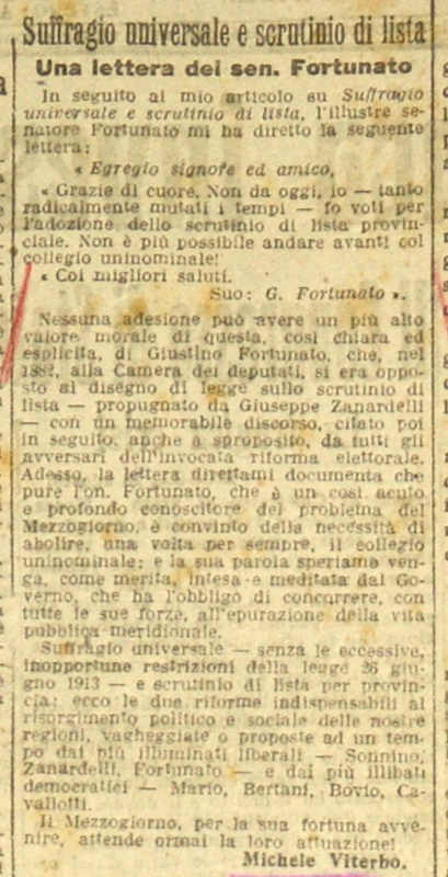 MV (1917) Suffragio universale e Scrutinio di lista, Una lettera del sen. Fortunato (Giornale d'Italia, 30 agosto 1917, p. 2).JPG