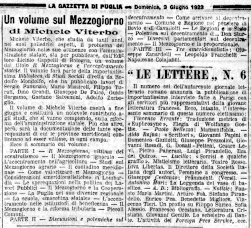 (1923) Un volume sul Mezzogiorno di Michele Viterbo (La Gazzetta di Puglia, 3 giugno 1923, p. 3).jpg