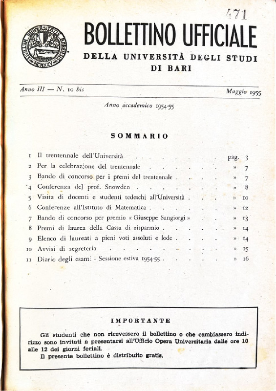 MV (1955), Il trentennale dell'università (Bollettino ufficiale della Università degli studi di Bari, A. 3., fasc. n. 10 maggio 1955, p. 3-6).pdf