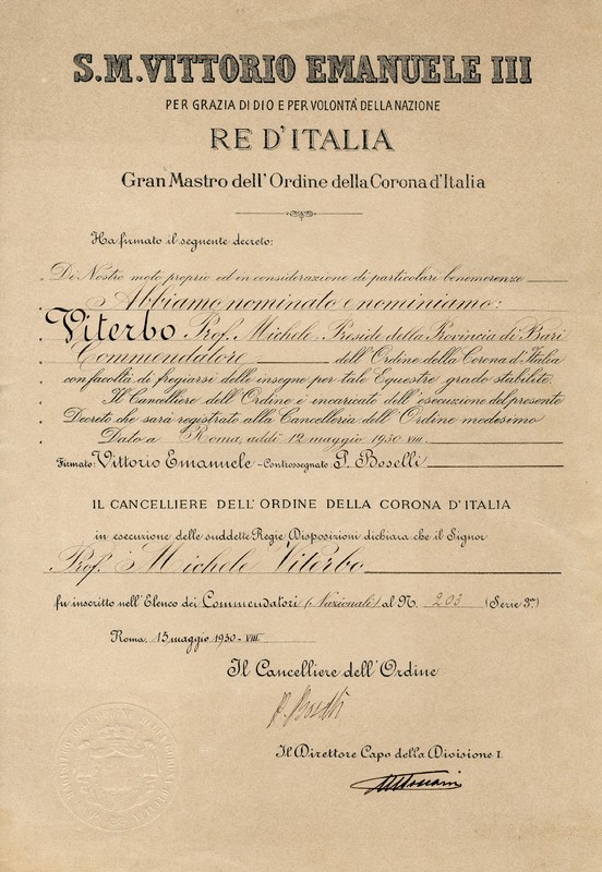 (1930) Diploma di Commendatore dell'Ordine della Corona d'Italia.jpg