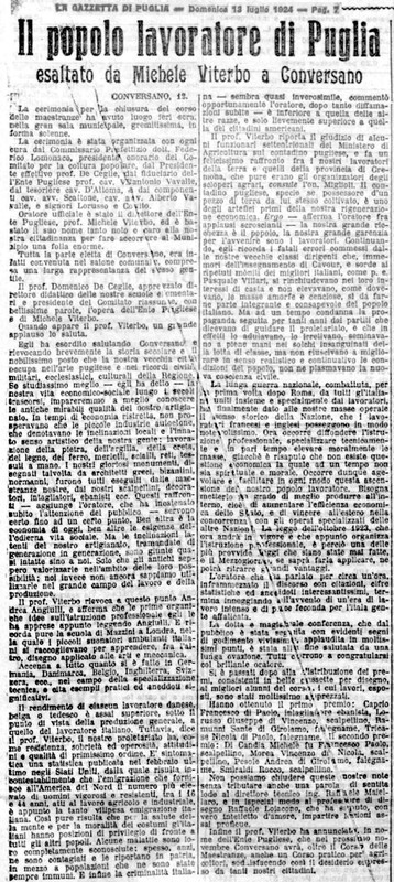 (1924) Il popolo lavoratore di Puglia esaltato da Michele Viterbo a Conversano (La Gazzetta di Puglia, 13 luglio 1924, p. 7).jpg