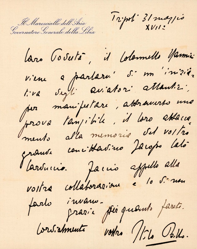 (1939) Lettera di Italo Balbo al Podestà di Bari Michele Viterbo.jpg