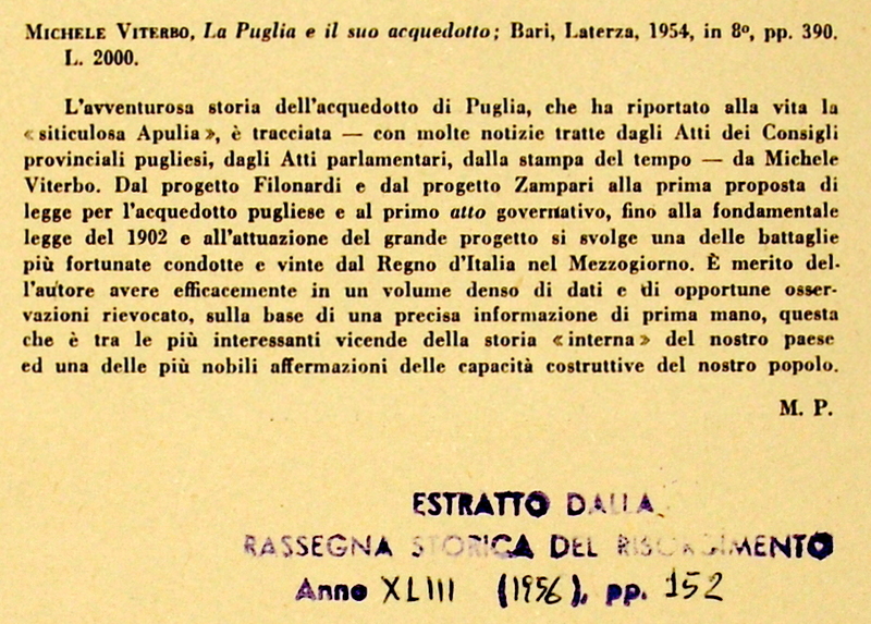 M. P. (1956), La Puglia e il suo acquedotto (recensione).JPG