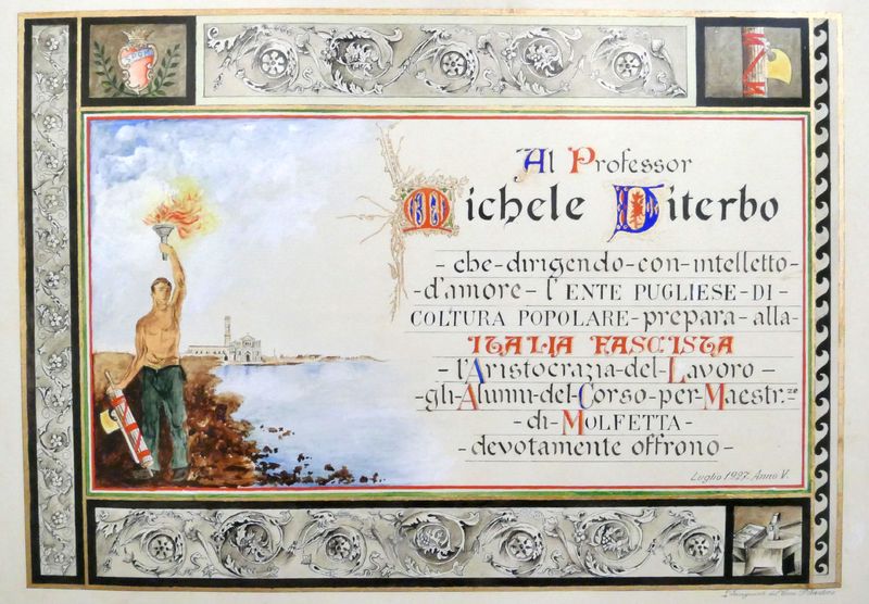 (1927) Attestato offerto a Michele Viterbo dagli allievi del corso per maestranze di Molfetta.JPG