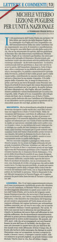 Francavilla Tommaso (20..) Michele Viterbo, Lezione pugliese per l'unità nazionale (La Gazzetta del Mezzogiorno, p. 13).jpg