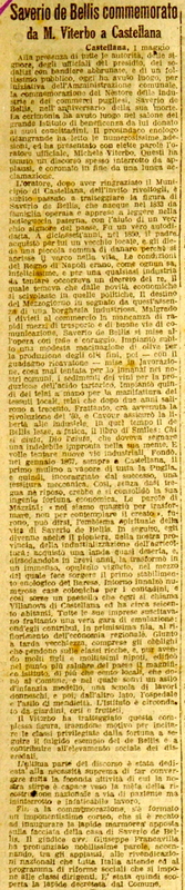 (1919) Saverio de Bellis commemorato da M. Viterbo a Castellana (Il giornale d’Italia, 4 maggio 1919, p. 2).JPG