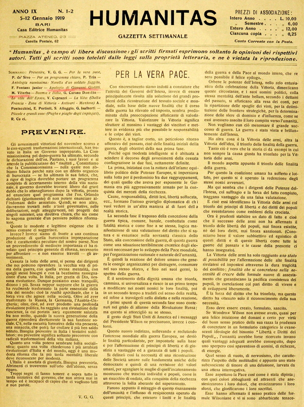 MV (1919), Apologia di Giovanni Giolitti (Risposta polemica al professore Barbagallo). 2, Humanitas, 05-12 gennaio 1919 (prima pagina).JPG