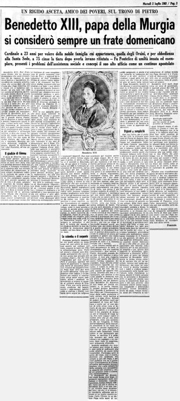 VM (1963), Benedetto XIII, papa della Murgia si considerò sempre un frate domenicano (La Gazzetta del Mezzogiorno, 2 luglio 1963, p. 3).jpg