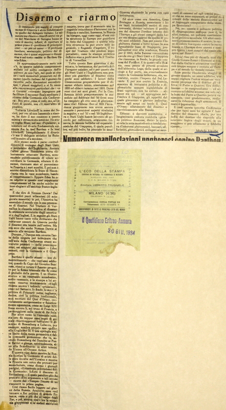 MV (1934), Disarmo e riarmo, Il Quotidiano Eritreo (Asmara), 30 giugno 1934 (La Gazzetta del Mezzogiorno, 12 giugno 1934).JPG