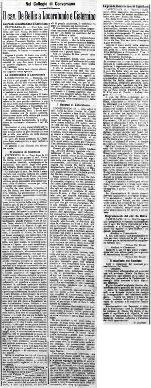 Vice (1908), Il cav. De Bellis a Locorotondo e Cisternino, nel collegio di Conversano (Corriere delle Puglie, 21 giugno 1908, p. 1-2).jpg