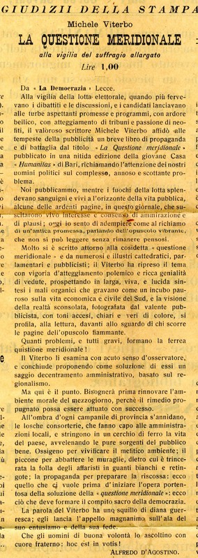 Michele Viterbo (1914) La questione meridionale (Recensione de La Democrazia).jpg