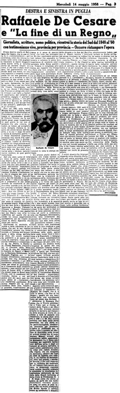 VM(1958) Raffaele De Cesare e La fine di un regno (La Gazzetta del Mezzogiorno, 14 maggio 1958, p. 3).jpg