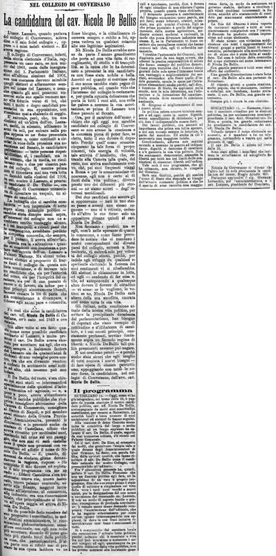 MV (1908), La candidatura del cav. Nicola De Bellis, nel collegio di Conversano (Corriere delle Puglie, 16 giugno 1908, p. 1).jpg