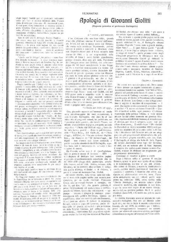 VM (1918), Apologia di Giovanni Giolitti (1) Risposta polemica al professore Barbagallo (Humanitas, A. 8, n. 49-52, 8-29 dicembre 1918, p. 203-205).pdf