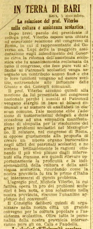 (1922), La relazione del prof. Viterbo sulla coltura e assistenza scolastica (Bari, 5 dicembre), GdIt, 6 dicembre 1922, p. 4.JPG