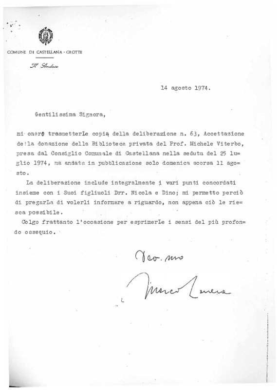 Comune di Castellana Grotte, Lettera di ringraziamento del sindaco di Castellana Grotte Marco Lanera alla signora Anna Viterbo per donazione del fondo librario Michele Viterbo (14 agosto 1974).pdf
