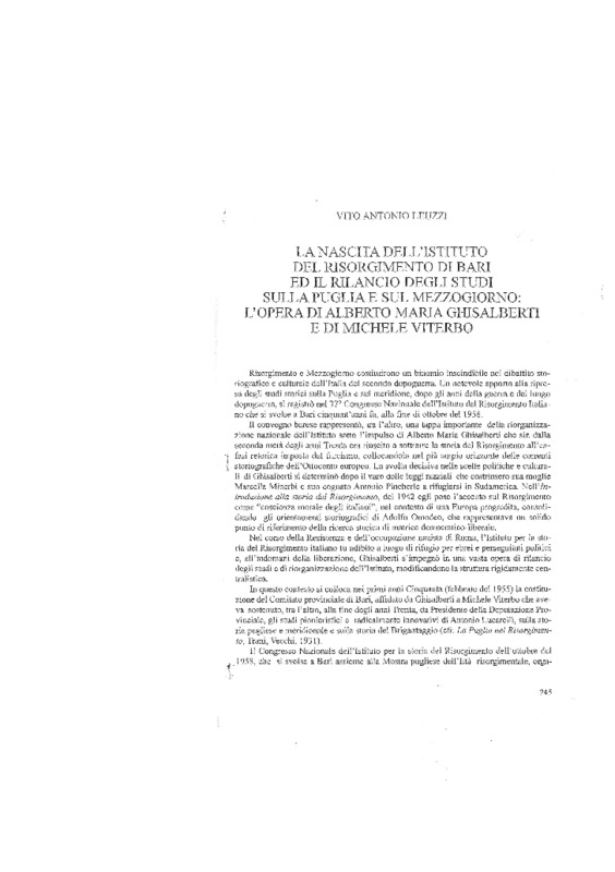 Leuzzi Vito Antonio (2008), La nascita dell'Istituto del Risorgimento di Bari ... , L'opera diAlberto Maria Ghisalberti e di Michele Viterbo (Risorgimento e Mezzogiorno, n. 37-38 dicmbre 2008, p. 245-249).pdf