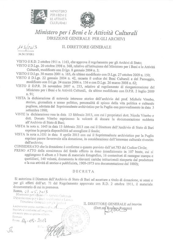 (2013) Autorizzazione di incameramento Fondo archivistico 'Michele Viterbo'.jpg
