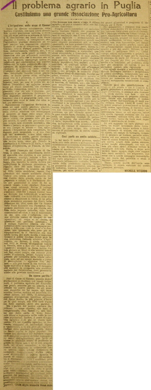 MV (1917) Il problema agrario in Puglia - (V) Costituiamo una grande Associazione Pro-Agricoltura (Il Corriere delle Puglie, 1 febbraio 1917).JPG