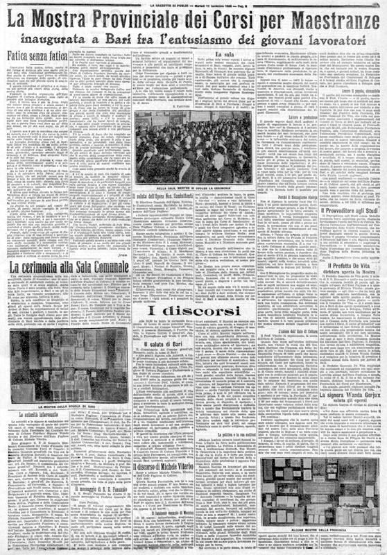 (1924) La mostra provinciale dei corsi per maestranze inaugurata a Bari fra l'entusiasmo dei giovani lavoratori (La Gazzetta di Puglia, 11 novembre 1924, p. 3).jpg