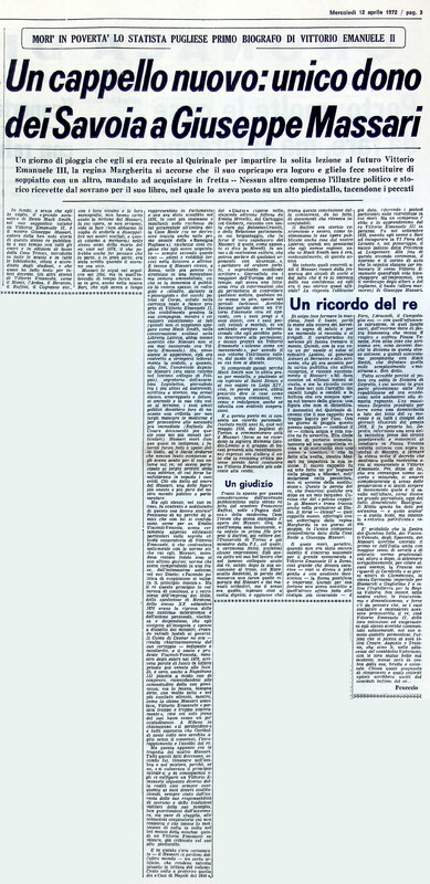 VM (1972), Un cappello nuovo, unico dono dei Savoia a Giuseppe Massari (La Gazzetta del Mezzogiorno, 12 aprile 1972, p. 3).jpg