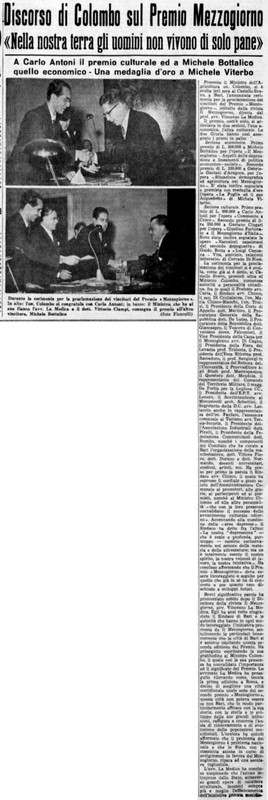 (1955) Discorso di Colombo sul Premio Mezzogiornon Nella nostra terra gli uomini non vivono di solo pane (La Gazzetta del Mezzogiorno, 5 dicembre 1955, p. 1).jpg