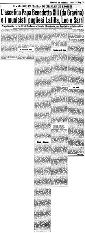 VM(1958) L'ascetico Papa Benedetto 13. (da Gravina) e i musicisti pugliesi Latilla, Leo e Sarri (La Gazzetta del Mezzogiorno, 18 febbraio 1958, p. 3).jpg