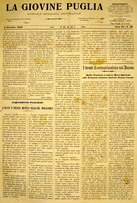 Tempesta F. (1912) L’alta e bassa marea dell’on. Malcangi, Acquedotto Pugliese (La Giovine Puglia, 8 dicembre 1912, p. 1).JPG