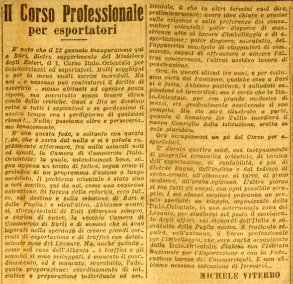 MV (1927), Il corso professionale per esportatori, La Gazzetta di Puglia-Le vie dell'Oriente, 8 giugno 1927, p. 3.JPG
