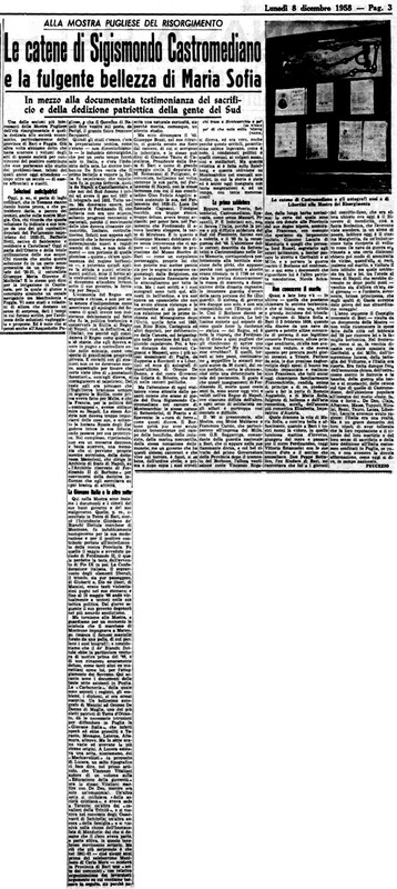 VM(1958) Le catene di Sigismondo Castromediano e la fulgente bellezza di Maria Sofia (La Gazzetta del Mezzogiorno, 8 dicembre 1958, p. 3).jpg