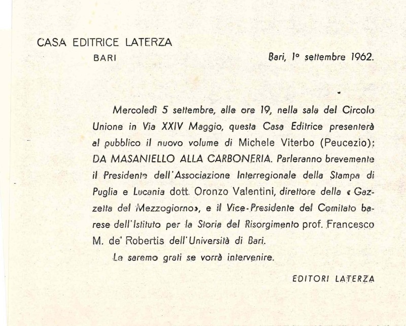 Invito alla presentazione dell'opera Da Masaniello alla carboneria (Bari, 1 settembre 1962).jpg