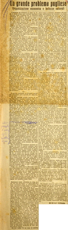 MV (1925), Un grande problema pugliese, organizzazione economica e bellezze naturali, La Gazzetta di Puglia, 19 febbraio 1925, p. 1.JPG