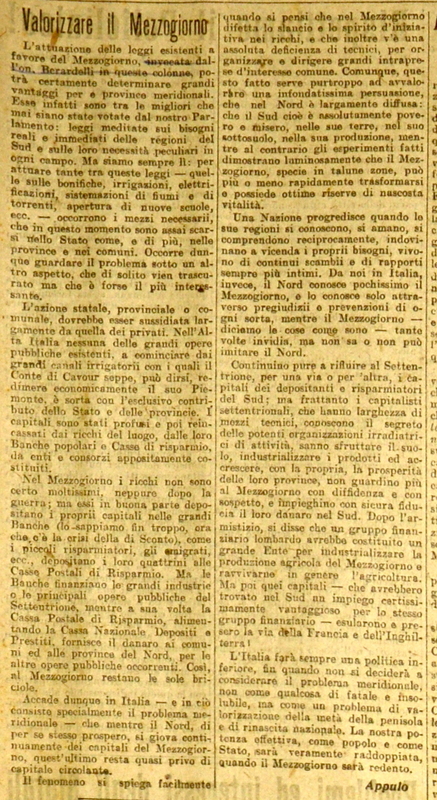 MV (Appulo) (1922), Valorizzare il Mezzogiorno, Il mondo, 11 febbraio 1922, p. 6.JPG