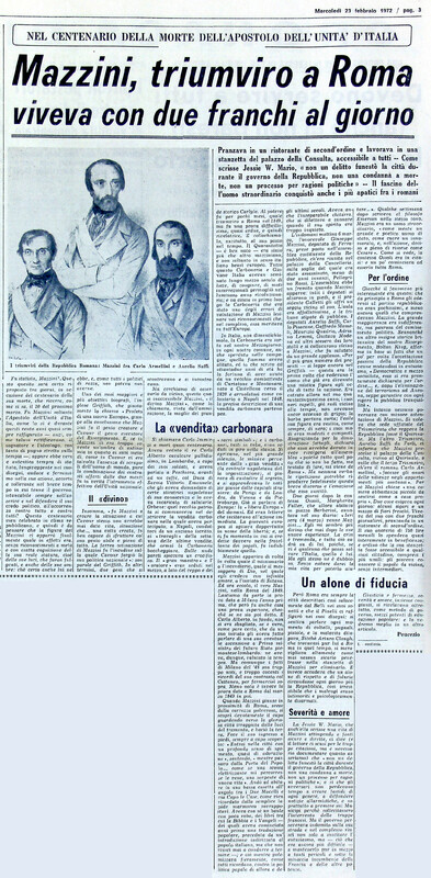 VM (1972), Mazzini, triumviro a Roma viveva con due franchi al giorno (La Gazzetta del Mezzogiorno, 23 febbraio 1972, p. 3).jpg
