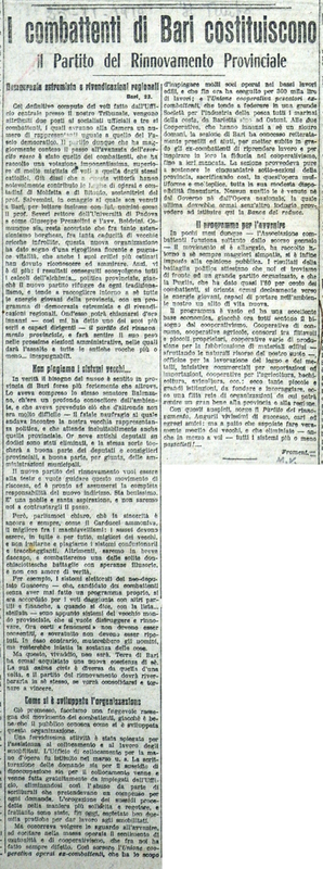 Froment (1919), I combattenti di Bari costituiscono il Partito per il Rinnovamento Provinciale, Democrazia estremista e rivendicazioni regionali (Il Tempo, 25 novembre 1919, p. 3).JPG
