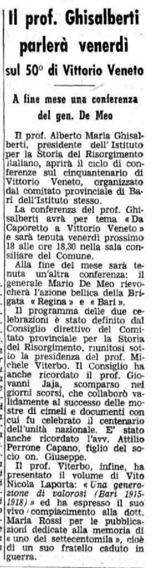 (1968), Il prof. Ghisalberti parlerà venerdì sul 50. di Vittorio Veneto (La Gazzetta del Mezzogiorno, 16 ottobre 1968, p. 4).jpg