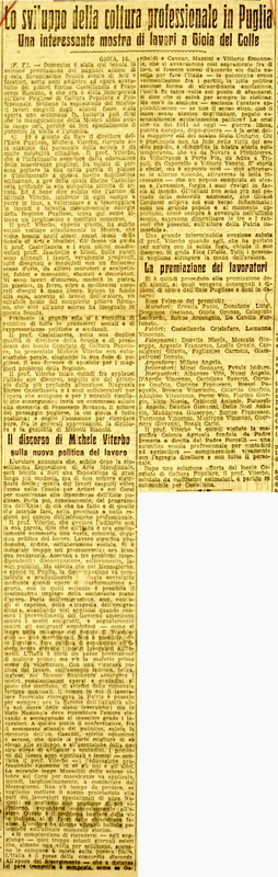 (1924) Lo sviluppo della coltura professionale in Puglia, Una interessante mostra di lavori a Gioia del Colle, La Gazzetta di Puglia, 17 settembre 1924, p. 3.JPG