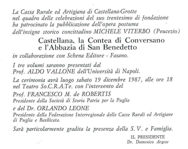 (1987) Invito per la presentazione dell'opera Castellana, la contea di Conversano e l'Abazia di San Benedetto.jpg