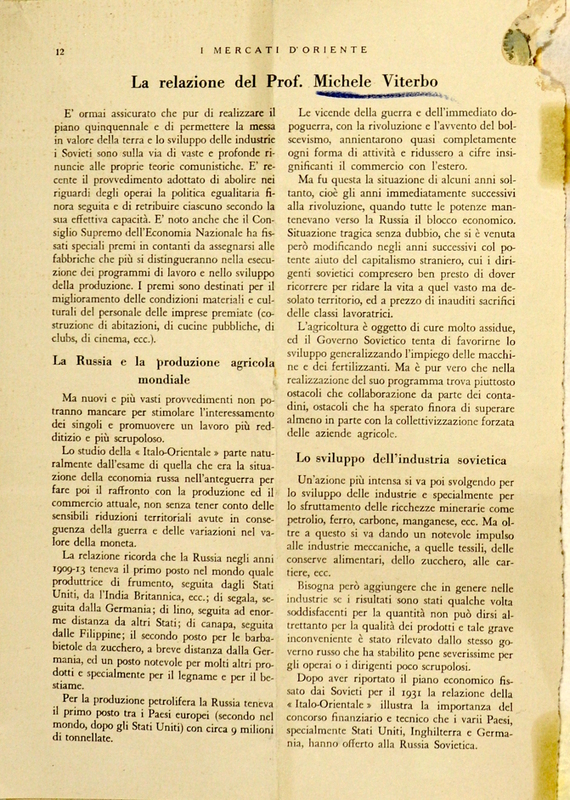 (1931), Una importante riunione promossa dalla “Camera di Commercio italo-orientale”, Per l'incremento degli scambi Italo-Russi, I mercati d'Oriente, luglio 1931, p. 12.JPG