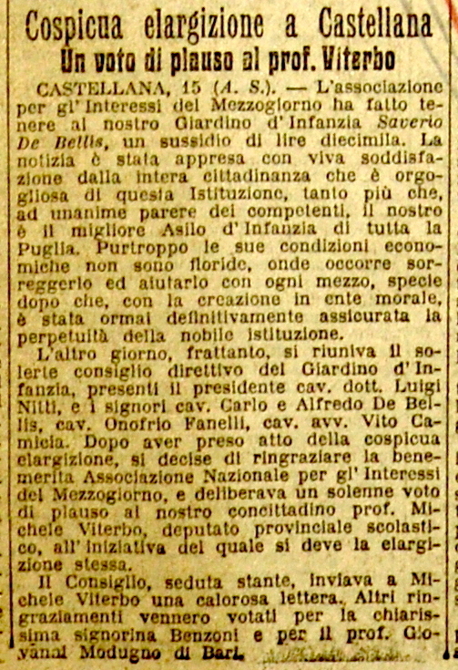 S. A. (1922) Cospicua elargizione a Castellana, Un voto di plauso al prof. Viterbo (La Gazzetta di  Puglia, 16 dicembre 1922).JPG