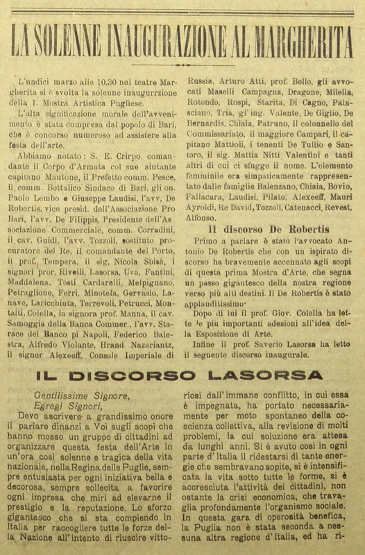 (1917) La solenne inaugurazione al Margherita (La mostra artistica pugliese, numero unico del marzo 1917, p. 1-2).JPG