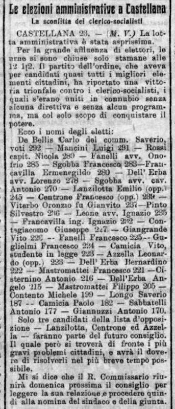 MV (1907), Le elezioni amministrative a Castellana, La sconfitta dei clerico-socialisti (Corriere delle Puglie, 25 agosto 1907, p. 2).jpg