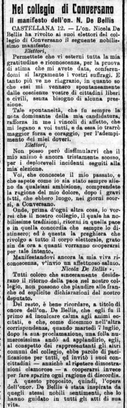 MV? (1908), Il manifesto dell'on. N. De Bellis, nel collegio di Conversano (Corriere delle Puglie, 13 luglio 1908, p. 2).jpg