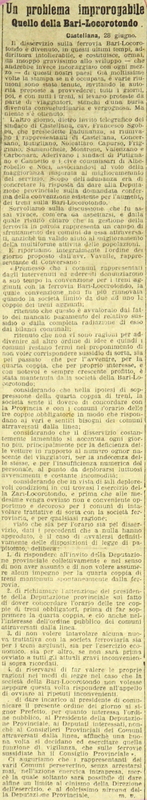 MV (1912) Un problema improparogabile, Quello della Bari-Locorotondo, Castellana 28 giugno (Giornale d'Italia, p. 5).JPG