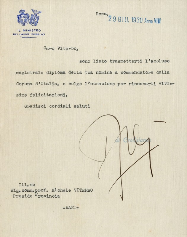 (1930) Lettera accompagnatoria al Diploma di Commendatore.jpg