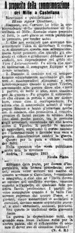 Nicola Pinto (1915), A proposito della commemorazione dei Mille a Castellana (Corriere delle Puglie, 9 maggio 1915, p. 4).jpg
