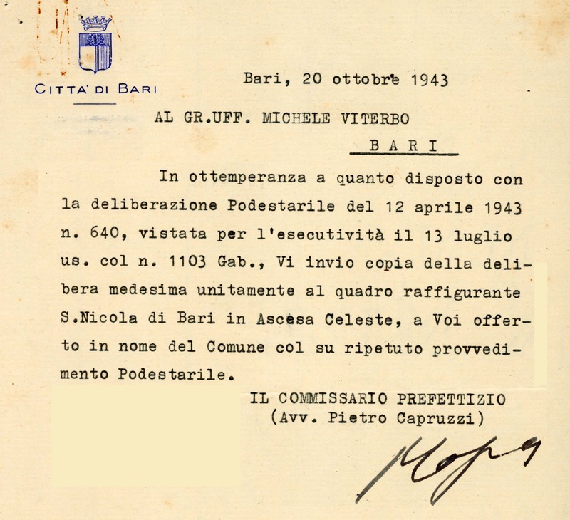 (1943) Lettera del Commissario prefettizio Pietro Capruzzi a Michele Viterbo.jpg