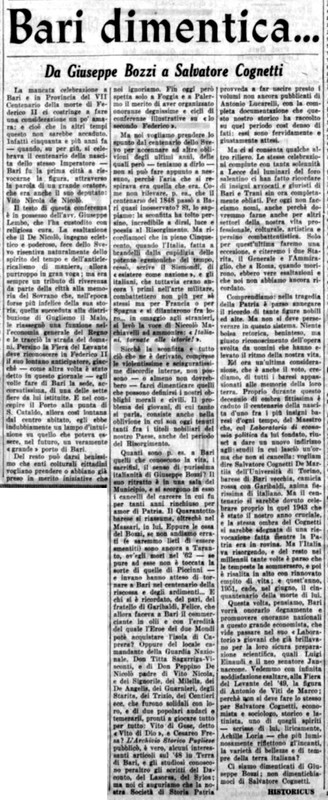 Historicus (1951) Bari dimentica, Da Giuseppe Bozzi a Salvatore Cognetti (La Gazzetta del Mezzogiorno, 14 gennaio 1951, p. 3) [? Historicus].jpg