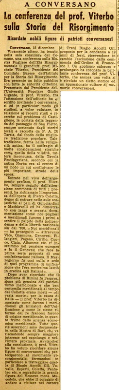 (1958) A Conversano La conferenza del prof. Viterbo sulla Storia del Risorgimento, Ricordate nobili figure di patrioti conversanesi (La Gazzetta del Mezzogiorno, 16 dicembre 1958, p. 10).JPG