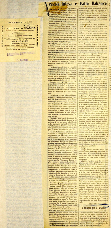 MV (1934), Piccola intesa e Patto balcanico, Il Quotidiano Eritreo (Asmara), 31 marzo 1934 (La Gazzetta del Mezzogiorno, 13 marzo 1934).JPG